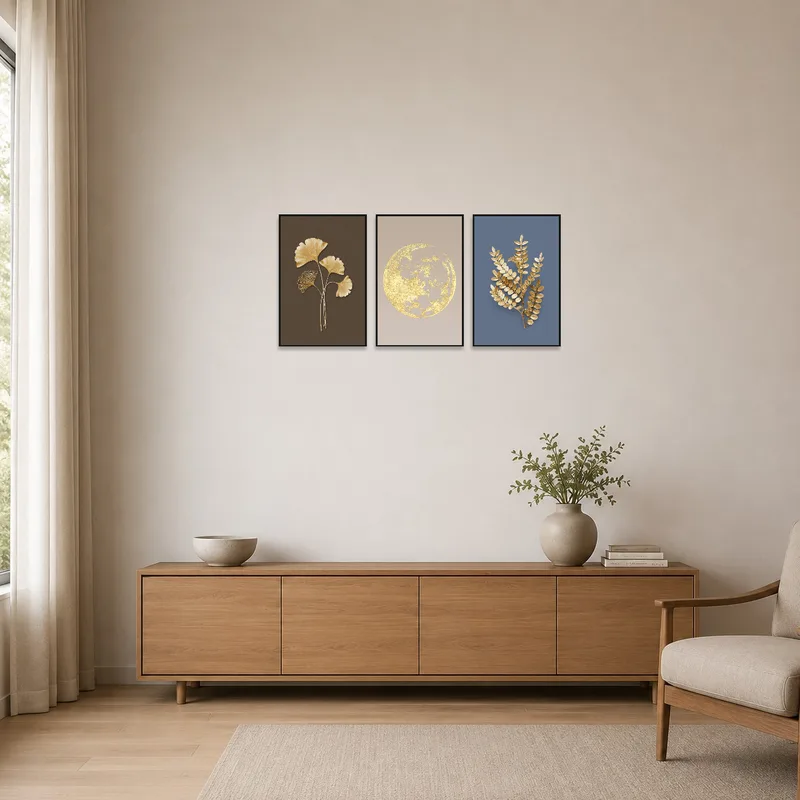 Minimalist space accented by a delicate gold lunar and botanical triptych.