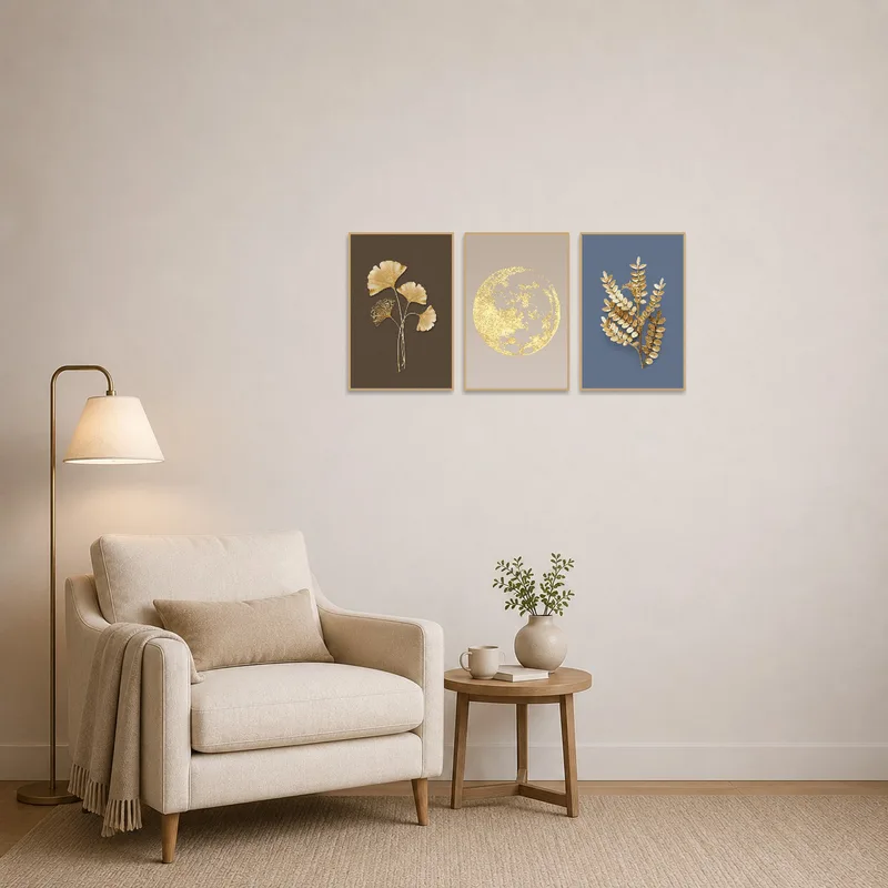Botanical and lunar triptych in gold enhances the coziness of the reading corner.