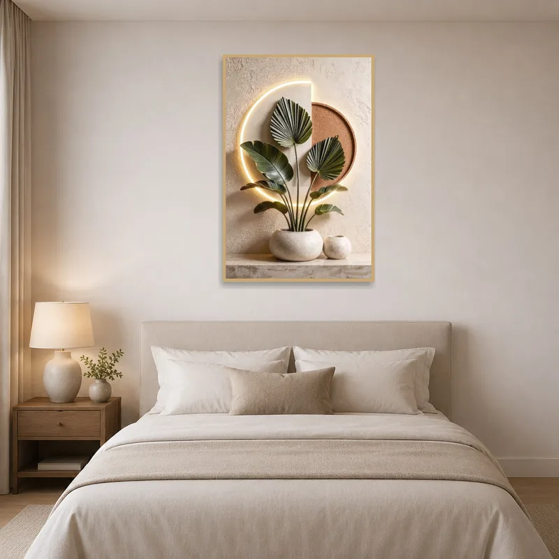 Sophisticated botanical art elevating a serene bedroom.