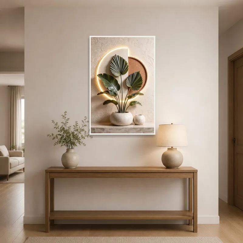 Botanical art creating a striking focal point in an entrance hall.