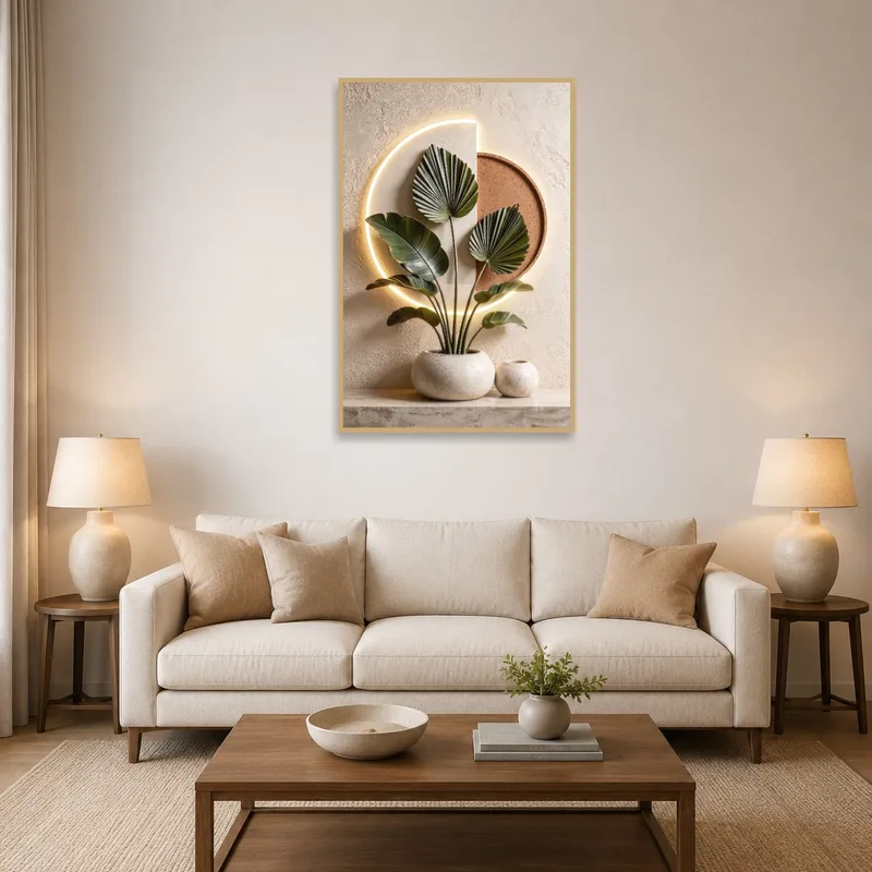 Elegant botanical art adding flair to a stylish living room.