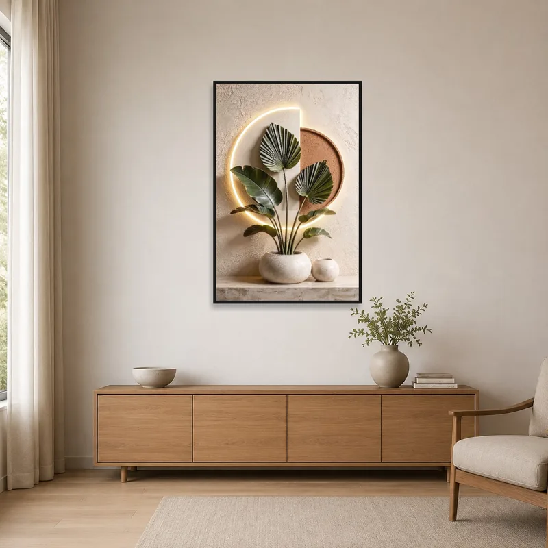 Botanical art introducing nature to a minimalist space.