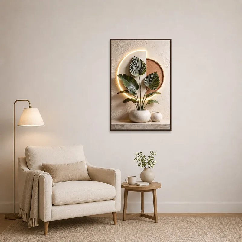 Geometric botanical artwork enhancing a cozy reading corner.