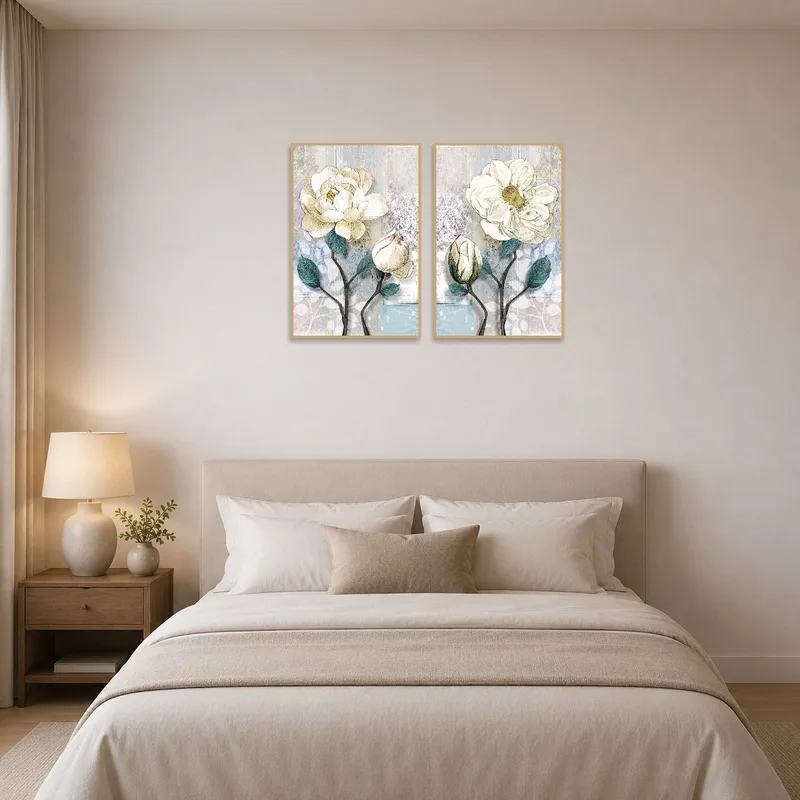 Floral art set introduces a soothing touch to a bedroom setting.