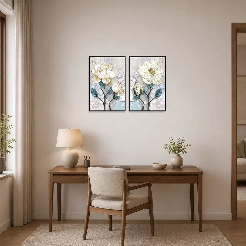 Botanical art set infuses inspiration into a home-office environment.