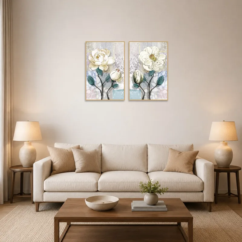 Elegant Botanical Blossom Art Set adds charm above a cozy living-room sofa.