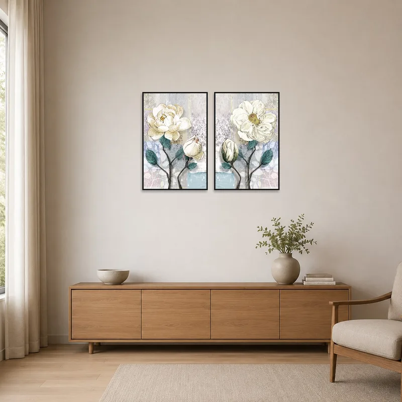 Botanical blossom prints enhance the serene vibe of a minimalist space.