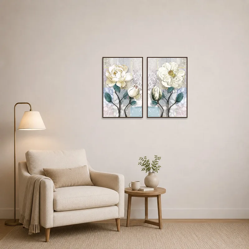 Elegant blossom art set brings tranquility to a reading corner.
