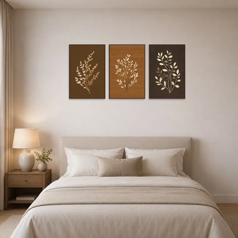 Serene bedroom featuring a botanical branches triptych on the wall.