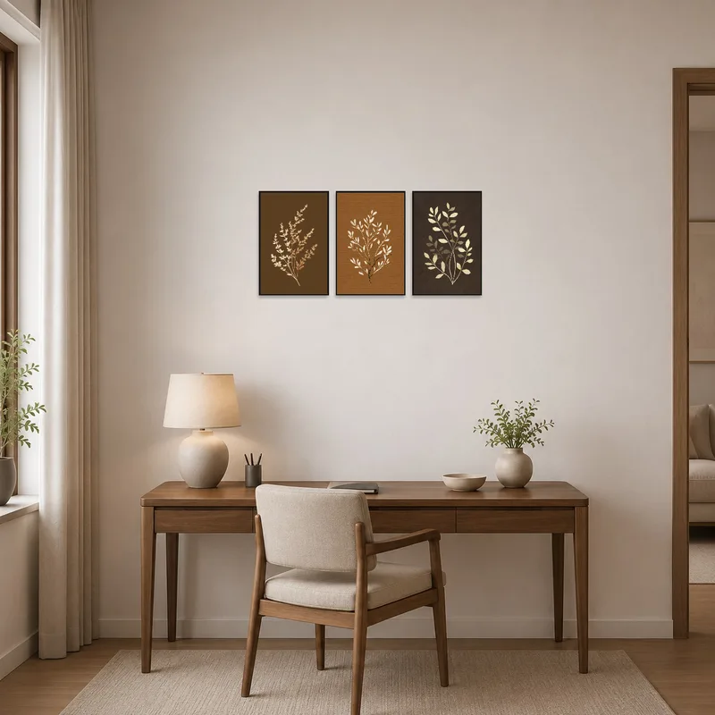 Botanical branches triptych adds charm to a contemporary home office.