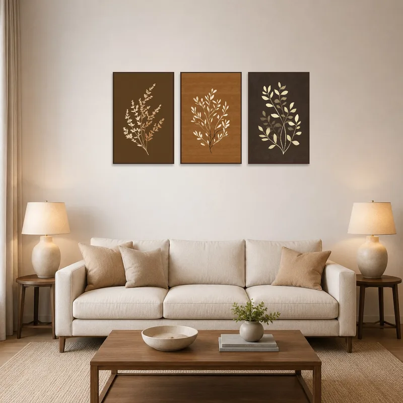 Elegant triptych of botanical branches in a stylish living room setting.