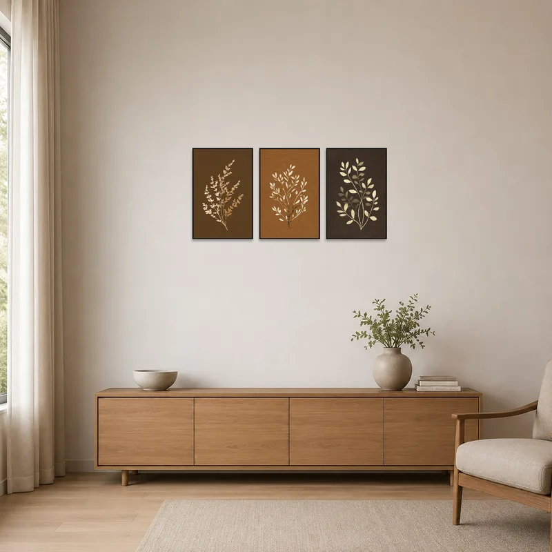 Minimalist room accentuated by a botanical branches triptych set.