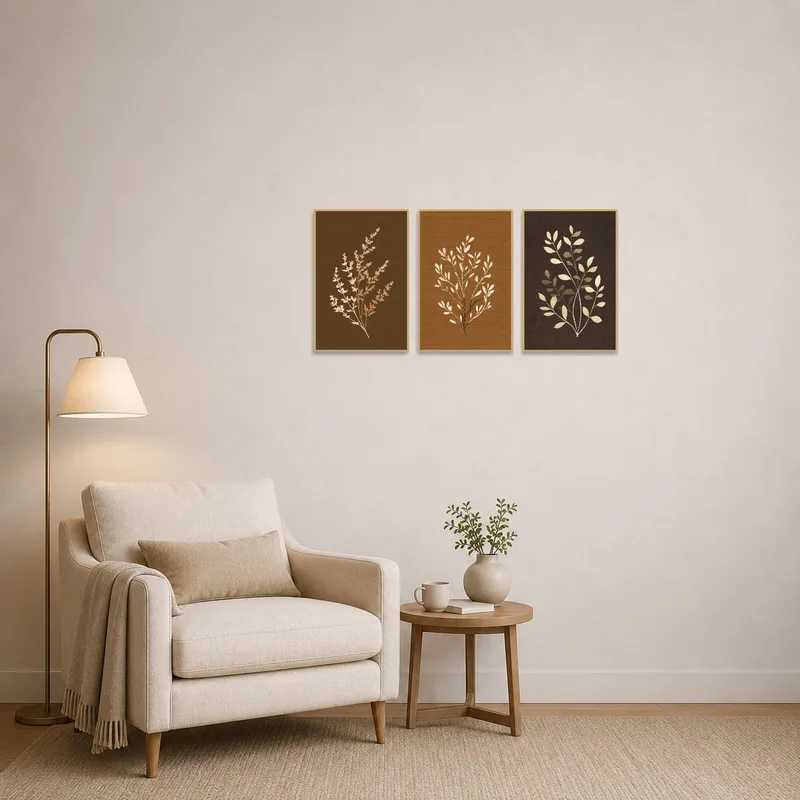 Cozy reading corner complemented by botanical branches triptych artwork.