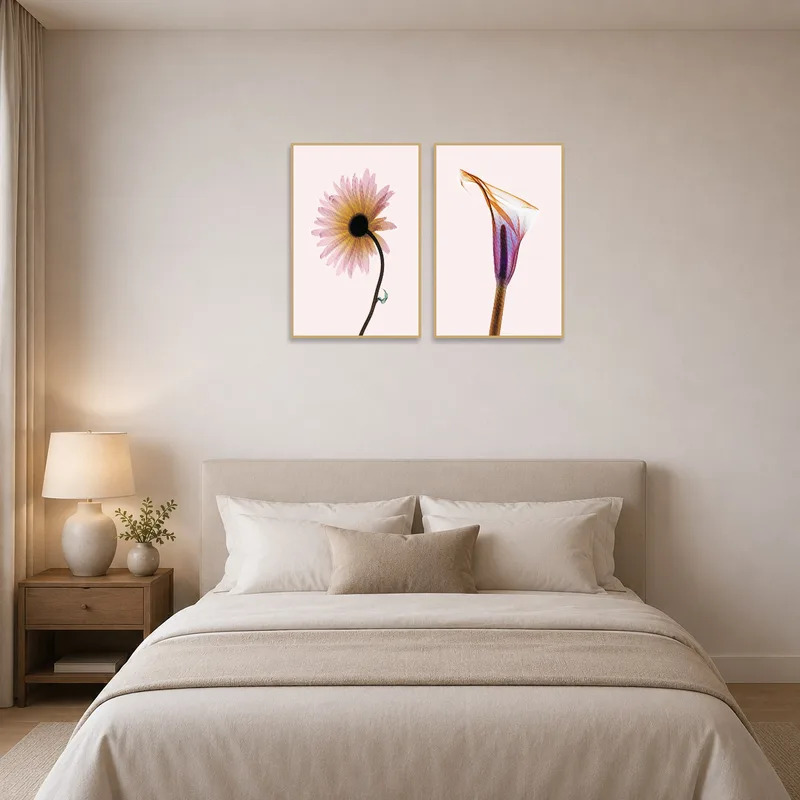 Elegant floral set adorns the wall above a plush bed.