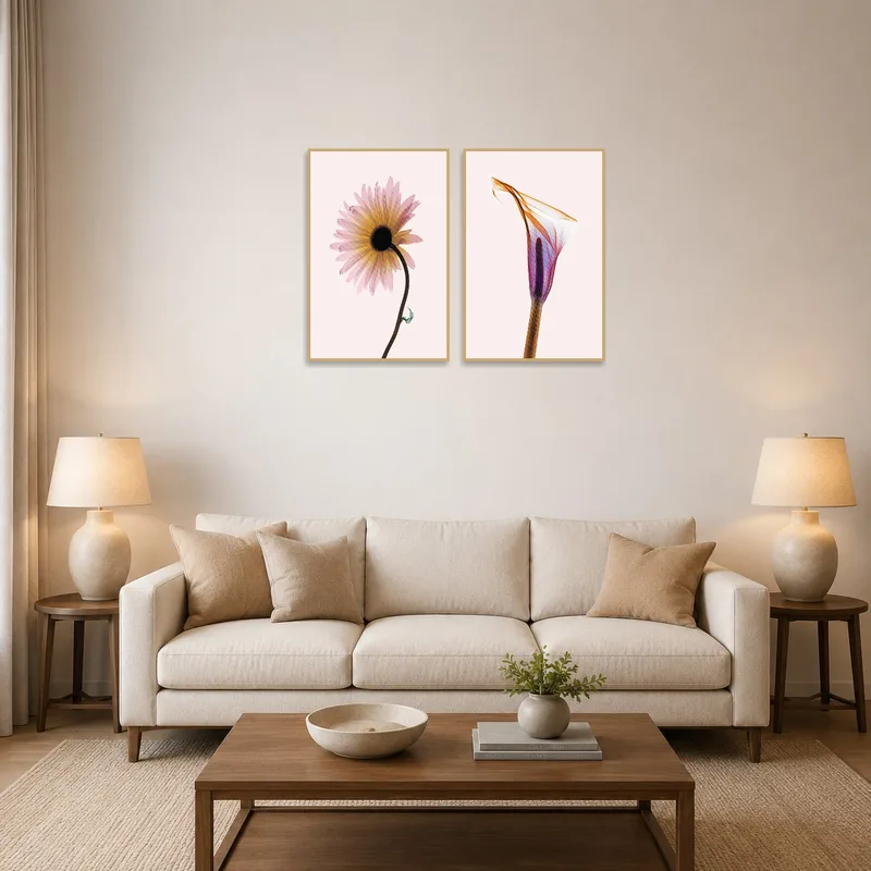 Botanical floral set hanging above a modern sofa with soft-colored cushions.