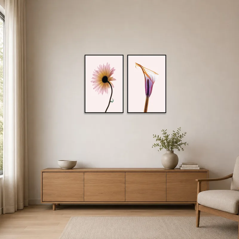 Botanical prints on a plain white wall with minimal furnishings.