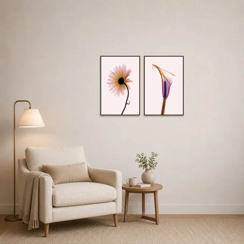 Delicate floral art next to a cozy chair stacked with books.