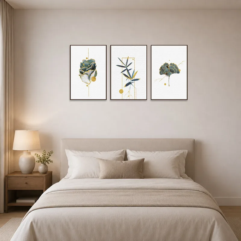 Gold and blue botanical set creating a serene bedroom ambiance.