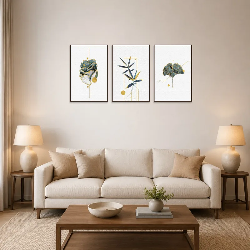 Triptych featuring gold and blue botanical art in a chic living room setting.