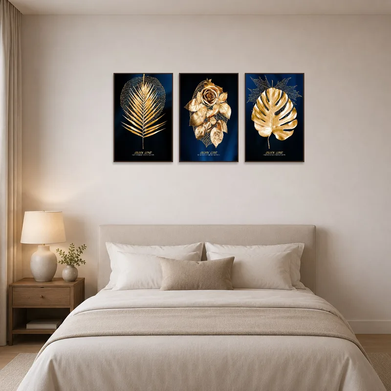 Elegant botanical prints above a bed in a serene bedroom.