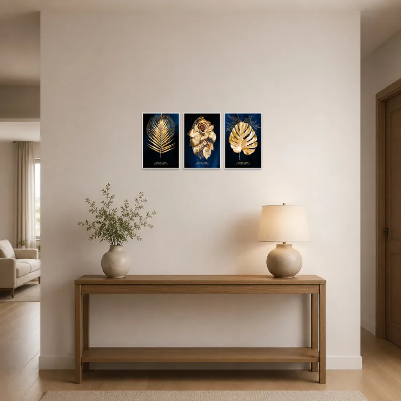 Golden leaf prints adding elegance to an entrance hall.