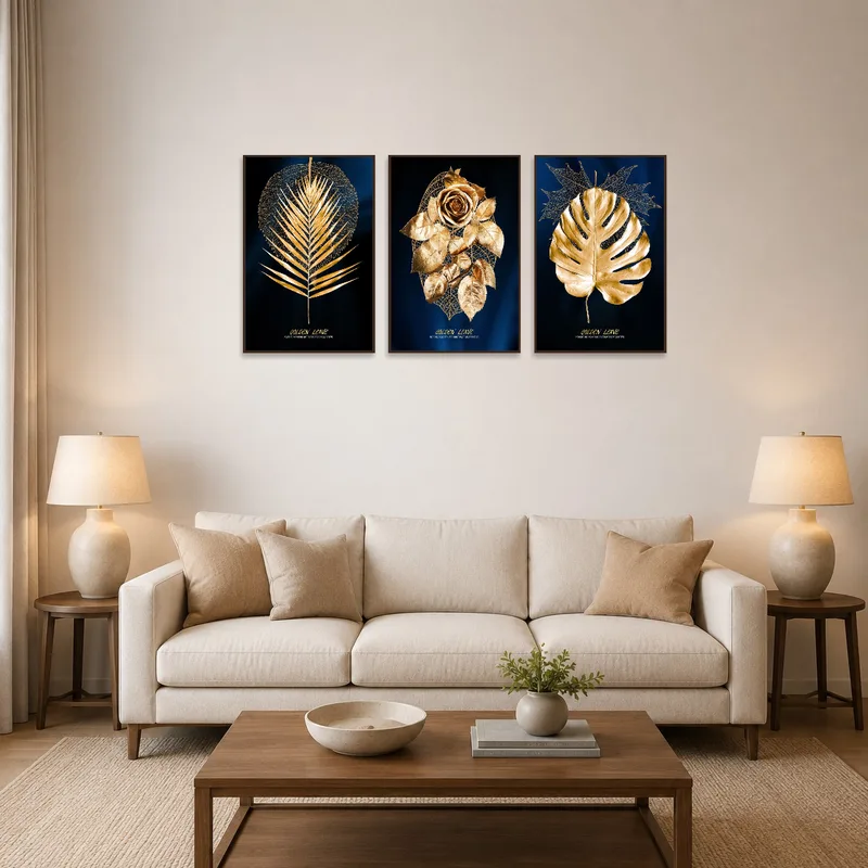 Golden leaf triptych print set above a modern living room sofa.