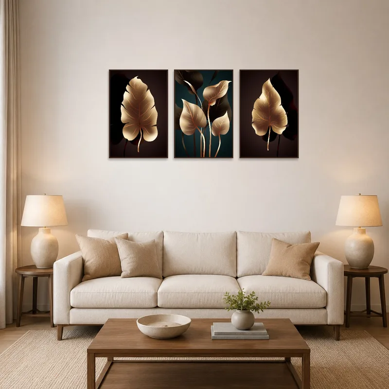 Triptych of botanical leaf art on a living room wall above a modern sofa.