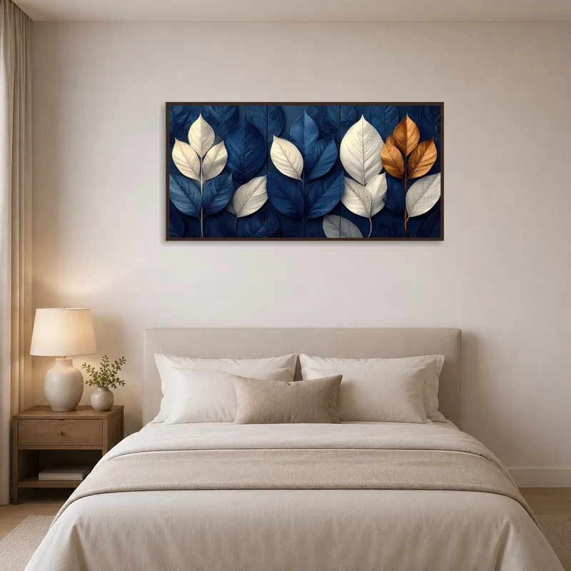 Peaceful leaf design in blue and gold complementing the calming tones of a bedroom.