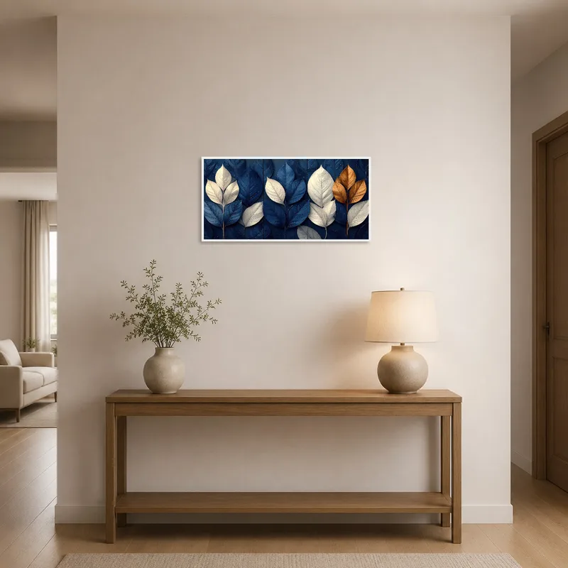 Leaf artwork in blue and gold offering a welcoming touch to the entrance hall.