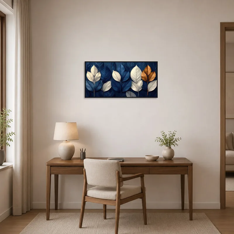 Blue and gold leaf artwork brightening the professional atmosphere of a home office.