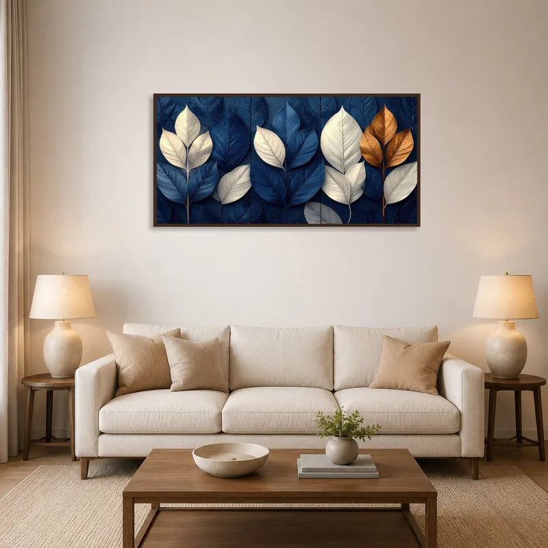 Botanical leaf artwork in blue and gold hung above a modern sofa in the living room.