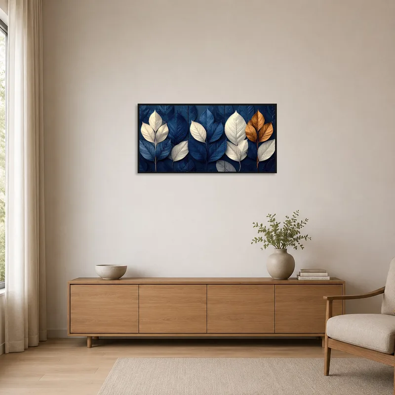 Sophisticated leaf composition adding flair to a minimalist room's muted palette.