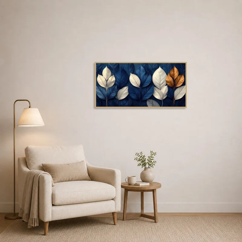 Elegant blue and gold leaf print enhancing the cozy ambiance of a reading corner.