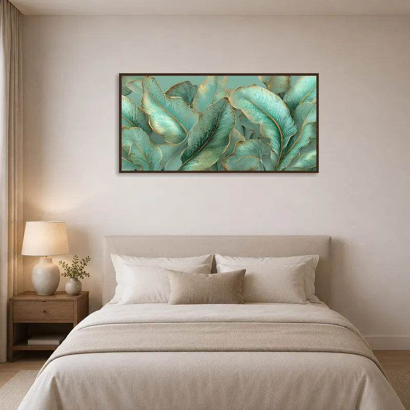Leaf art piece adding a tranquil touch to a modern bedroom.