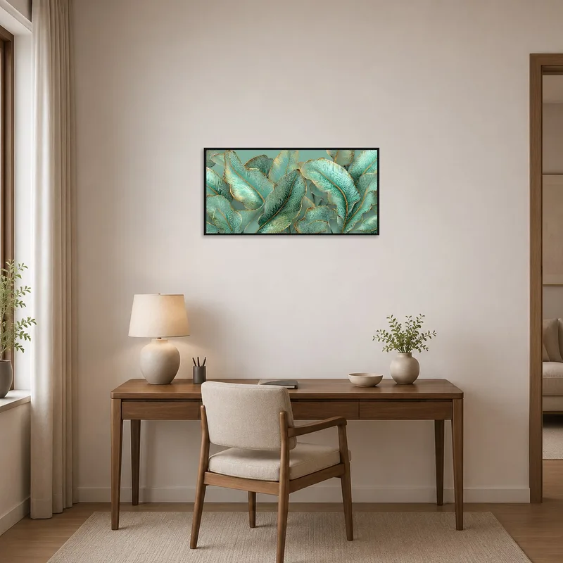 Botanical leaves print enhancing a tidy, functional home office.