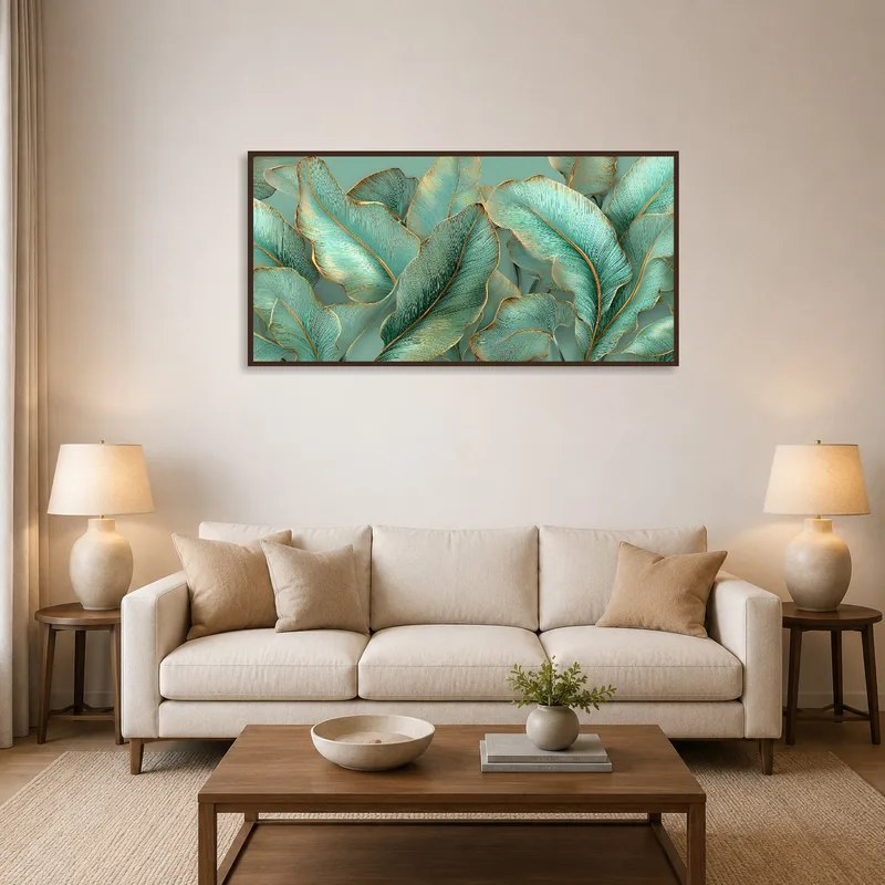 Elegant botanical leaves print displayed above a contemporary living room sofa.