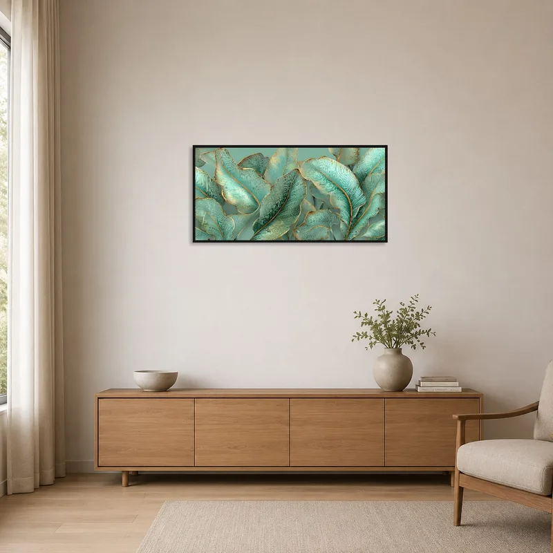 Botanical art print on a plain wall in a minimalist space with simple furnishings.