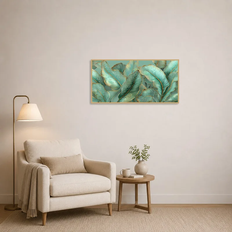 Botanical leaves print arranged on the wall of a cozy reading corner.