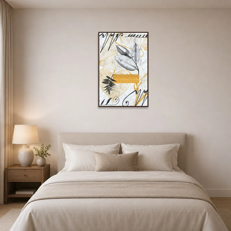 Artistic leaves create a calming atmosphere in a tranquil bedroom.