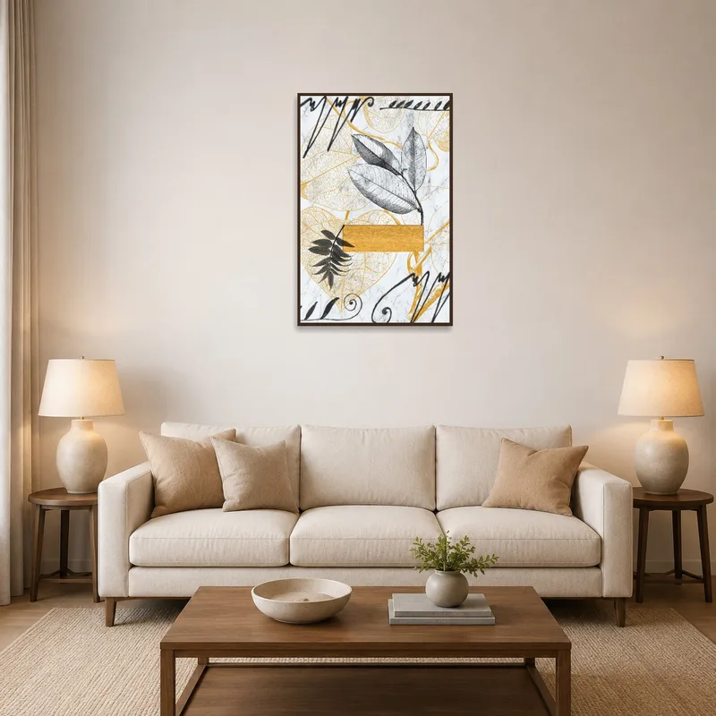 Botanical leaves art above a cozy sofa in a chic living room.