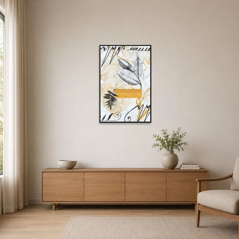 Simple leaves art complements the clean lines of a minimalist space.