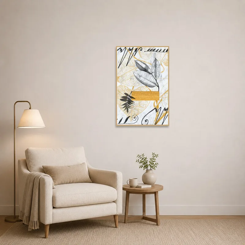 Leaf artwork adds a serene touch to a quiet reading corner.