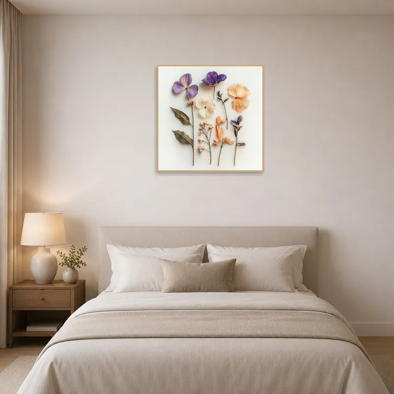Pressed floral composition adding tranquility above a bed.