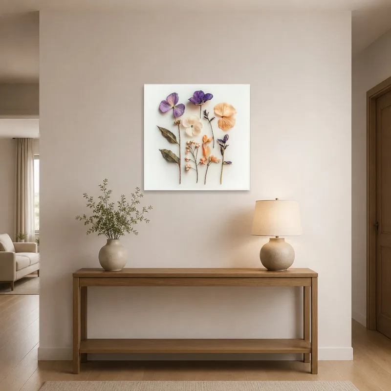 Pressed floral art welcoming guests in a stylish entrance hall.