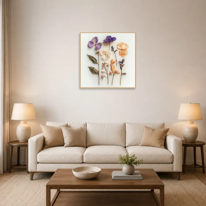 Elegant botanical art displayed above a modern living room sofa.