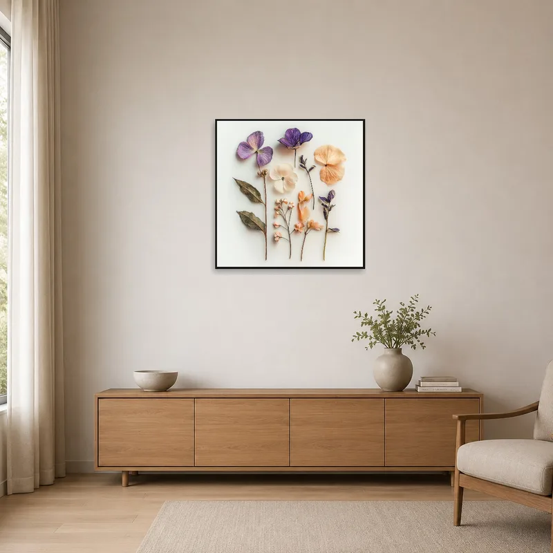 Botanical floral composition enhancing a minimalist room's simplicity.