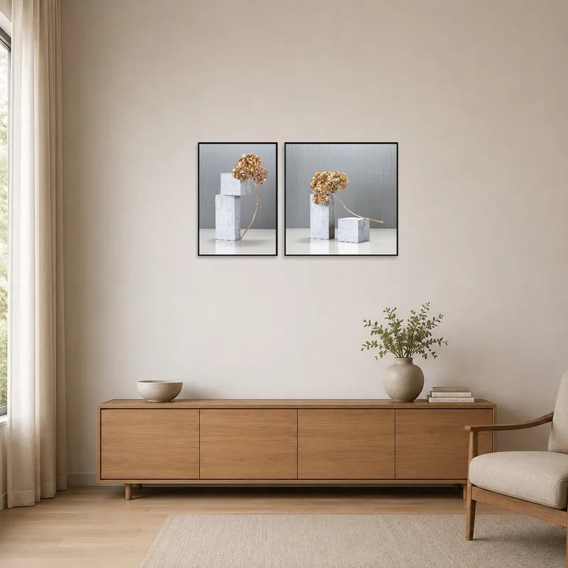 Sleek botanical sculpture art enhances the minimalist room's clean lines.