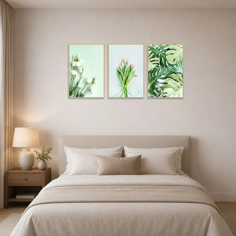Floral triptych brings a soothing touch to the bedroom wall.