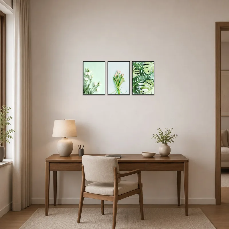 Foliage-themed artwork inspires creativity in the home office.