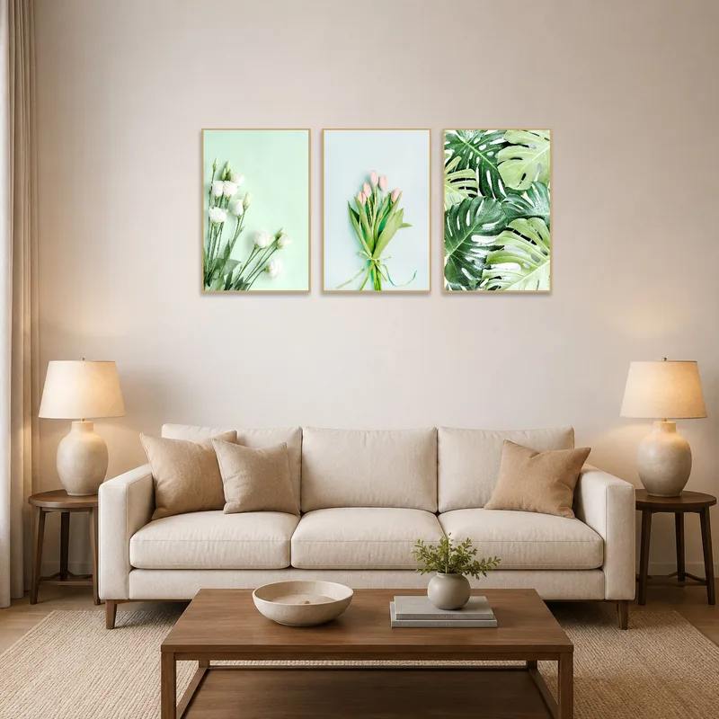 Triptych of florals and foliage adorns a stylish living room wall.